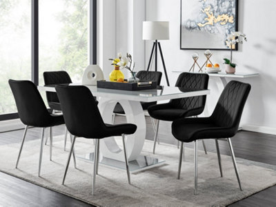 Giovani Rectangular 6 Seat White High Gloss Unique Halo Base Dining Table Grey Glass Top 6 Black Velvet Silver Leg Pesaro Chairs