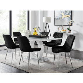 Giovani Rectangular 6 Seat White High Gloss Unique Halo Base Dining Table Grey Glass Top 6 Black Velvet Silver Leg Pesaro Chairs