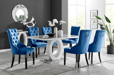 Giovani Rectangular 6 Seat White High Gloss Unique Halo Base Dining Table Grey Glass Top 6 Blue Velvet Black Leg Belgravia Chairs