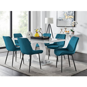 Giovani Rectangular 6 Seat White High Gloss Unique Halo Base Dining Table Grey Glass Top 6 Blue Velvet Black Leg Pesaro Chairs