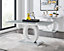 Giovani Rectangular 6 Seat White High Gloss Unique Halo Base Dining Table Grey Glass Top 6 Blue Velvet Black Leg Pesaro Chairs