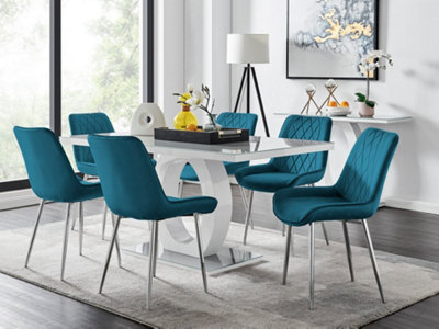Giovani Rectangular 6 Seat White High Gloss Unique Halo Base Dining Table Grey Glass Top 6 Blue Velvet Silver Leg Pesaro Chairs