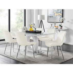 Giovani Rectangular 6 Seat White High Gloss Unique Halo Base Dining Table Grey Glass Top 6 Cream Velvet Silver Leg Pesaro Chairs