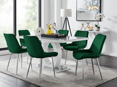 Giovani Rectangular 6 Seat White High Gloss Unique Halo Base Dining Table Grey Glass Top 6 Green Velvet Silver Leg Pesaro Chairs