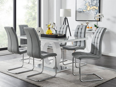 Giovani Rectangular 6 Seat White High Gloss Unique Halo Base Dining Table Grey Glass Top 6 Grey Faux Leather Murano Chairs