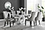 Giovani Rectangular 6 Seat White High Gloss Unique Halo Base Dining Table Grey Glass Top 6 Grey Velvet Black Leg Belgravia Chairs