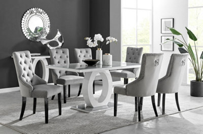 Giovani Rectangular 6 Seat White High Gloss Unique Halo Base Dining Table Grey Glass Top 6 Grey Velvet Black Leg Belgravia Chairs