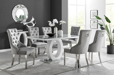 Giovani Rectangular 6 Seat White High Gloss Unique Halo Base Dining Table Grey Glass Top 6 Grey Velvet Silver Leg Belgravia Chairs