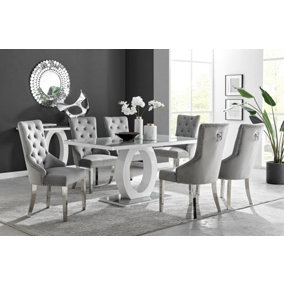 Giovani Rectangular 6 Seat White High Gloss Unique Halo Base Dining Table Grey Glass Top 6 Grey Velvet Silver Leg Belgravia Chairs
