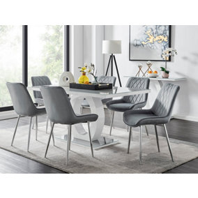 Giovani Rectangular 6 Seat White High Gloss Unique Halo Base Dining Table Grey Glass Top 6 Grey Velvet Silver Leg Pesaro Chairs
