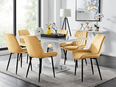 Giovani Rectangular 6 Seat White High Gloss Unique Halo Base Dining Table Grey Glass Top 6 Mustard Velvet Black Leg Pesaro Chairs