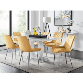 Giovani Rectangular 6 Seat White High Gloss Unique Halo Base Dining Table Grey Glass Top 6 Mustard Velvet Silver Leg Pesaro Chairs