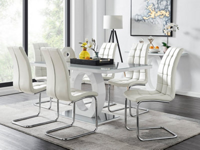 Giovani Rectangular 6 Seat White High Gloss Unique Halo Base Dining Table Grey Glass Top 6 White Faux Leather Murano Chairs