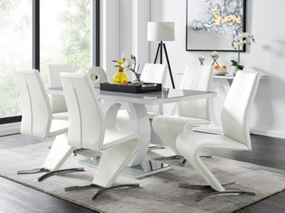 Giovani Rectangular 6 Seat White High Gloss Unique Halo Base Dining Table Grey Glass Top 6 White Faux Leather Willow Chairs