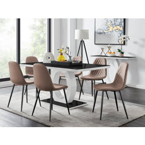 Giovani Rectangular 6 Seat White High Gloss Unique Halo Dining Table Black Glass Top 6 Beige Faux Leather Black Leg Corona Chairs