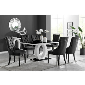 Giovani Rectangular 6 Seat White High Gloss Unique Halo Dining Table Black Glass Top 6 Black Velvet Black Leg Belgravia Chairs