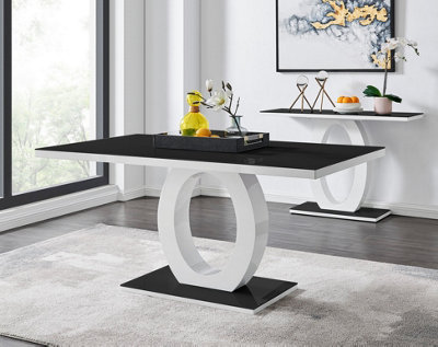 Giovani Rectangular 6 Seat White High Gloss Unique Halo Dining Table Black Glass Top 6 Black Velvet Black Leg Belgravia Chairs