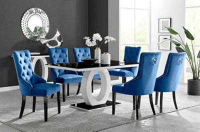 Giovani Rectangular 6 Seat White High Gloss Unique Halo Dining Table Black Glass Top 6 Blue Velvet Black Leg Belgravia Chairs