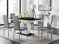 Giovani Rectangular 6 Seat White High Gloss Unique Halo Dining Table Black Glass Top 6 Grey Faux Leather Silver Leg Milan Chairs