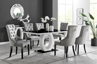 Giovani Rectangular 6 Seat White High Gloss Unique Halo Dining Table Black Glass Top 6 Grey Velvet Black Leg Belgravia Chairs