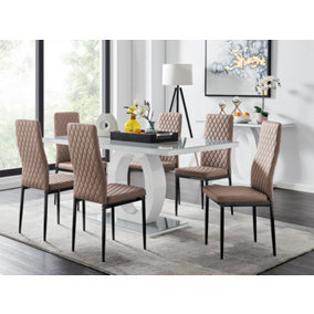 Giovani Rectangular 6 Seat White High Gloss Unique Halo Dining Table Grey Glass Top 6 Beige Faux Leather Black Leg Milan Chairs