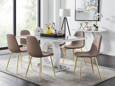 Giovani Rectangular 6 Seat White High Gloss Unique Halo Dining Table Grey Glass Top 6 Beige Faux Leather Gold Leg Corona Chairs