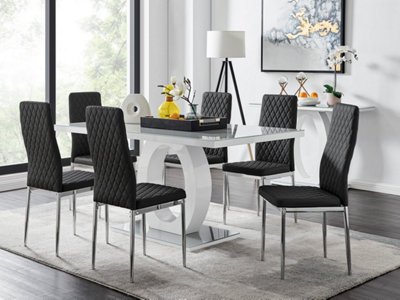 Giovani Rectangular 6 Seat White High Gloss Unique Halo Dining Table Grey Glass Top 6 Black Faux Leather Silver Leg Milan Chairs
