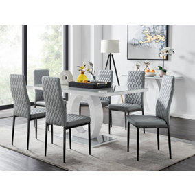 Giovani Rectangular 6 Seat White High Gloss Unique Halo Dining Table Grey Glass Top 6 Grey Faux Leather Black Leg Milan Chairs