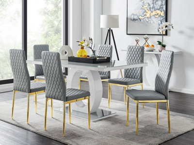 Giovani Rectangular 6 Seat White High Gloss Unique Halo Dining Table Grey Glass Top 6 Grey Faux Leather Gold Leg Milan Chairs