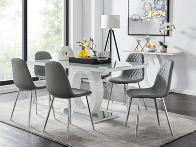 Giovani Rectangular 6 Seat White High Gloss Unique Halo Dining Table Grey Glass Top 6 Grey Faux Leather Silver Leg Corona Chairs