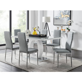 Giovani Rectangular 6 Seat White High Gloss Unique Halo Dining Table Grey Glass Top 6 Grey Faux Leather Silver Leg Milan Chairs
