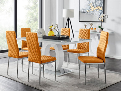 Giovani Rectangular 6 Seat White High Gloss Unique Halo Dining Table Grey Glass Top 6 Mustard Faux Leather Silver Leg Milan Chairs
