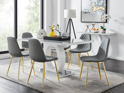 Giovani Rectangular 6 Seat White High Gloss Unique Halo Dining Table Grey Glass Top 6 WGrey Faux Leather Gold Leg Corona Chairs