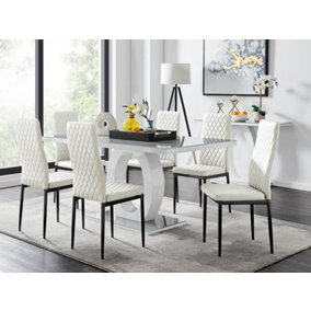 Giovani Rectangular 6 Seat White High Gloss Unique Halo Dining Table Grey Glass Top 6 White Faux Leather Black Leg Milan Chairs