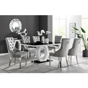 Giovani Rectangular 6 Seat White High Gloss Unique Halo Structural Dining Table Black Glass Top 6 Grey Velvet Belgravia Chairs