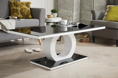 Giovani Rectangular White High Gloss Coffee Table with Black Glass Top and Unique Halo Structural Plinth Base Design