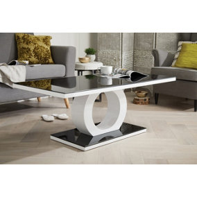 Giovani Rectangular White High Gloss Coffee Table with Black Glass Top and Unique Halo Structural Plinth Base Design