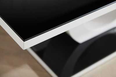 Giovani Rectangular White High Gloss Coffee Table with Black Glass Top and Unique Halo Structural Plinth Base Design