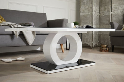 Giovani Rectangular White High Gloss Coffee Table with Black Glass Top and Unique Halo Structural Plinth Base Design