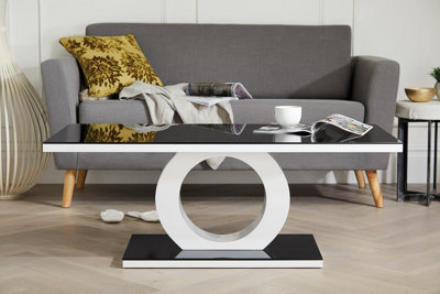 Giovani Rectangular White High Gloss Coffee Table with Black Glass Top and Unique Halo Structural Plinth Base Design