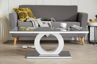 Giovani Rectangular White High Gloss Coffee Table with Grey Glass Top and Unique Halo Structural Plinth Base Design