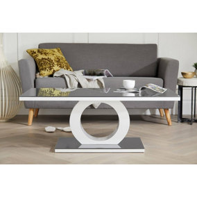 Giovani Rectangular White High Gloss Coffee Table with Grey Glass Top and Unique Halo Structural Plinth Base Design