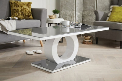 Giovani Rectangular White High Gloss Coffee Table with Grey Glass Top and Unique Halo Structural Plinth Base Design