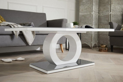 Giovani Rectangular White High Gloss Coffee Table with Grey Glass Top and Unique Halo Structural Plinth Base Design
