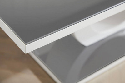 Giovani Rectangular White High Gloss Coffee Table with Grey Glass Top and Unique Halo Structural Plinth Base Design