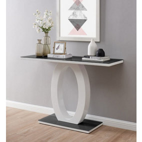 Giovani Rectangular White High Gloss Console Table with Black Glass Top and Unique Halo Structural Plinth Base Design