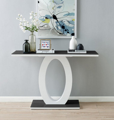 Giovani Rectangular White High Gloss Console Table with Black Glass Top and Unique Halo Structural Plinth Base Design