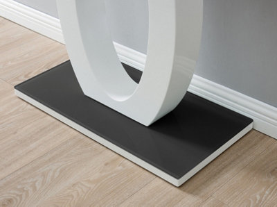 Giovani Rectangular White High Gloss Console Table with Black Glass Top and Unique Halo Structural Plinth Base Design