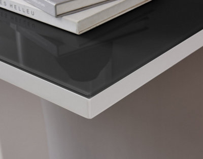 Giovani Rectangular White High Gloss Console Table with Black Glass Top and Unique Halo Structural Plinth Base Design