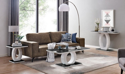 Giovani Rectangular White High Gloss Console Table with Black Glass Top and Unique Halo Structural Plinth Base Design